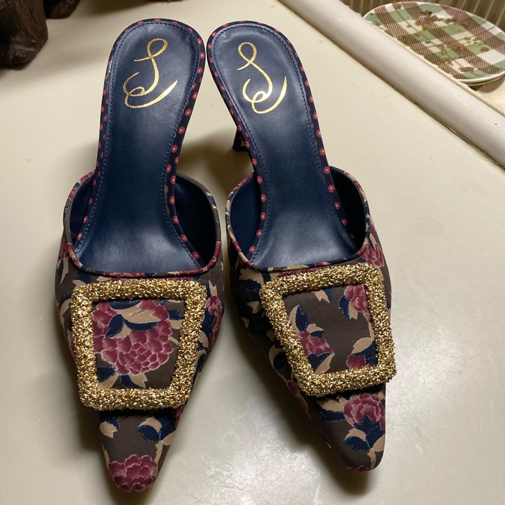 Sam Edelman kitten heel mules, size 8 blue, tan, brown, berry color, gold buckle
